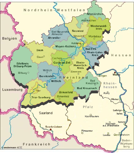 Landkarte für das Rheinland in Deutschland